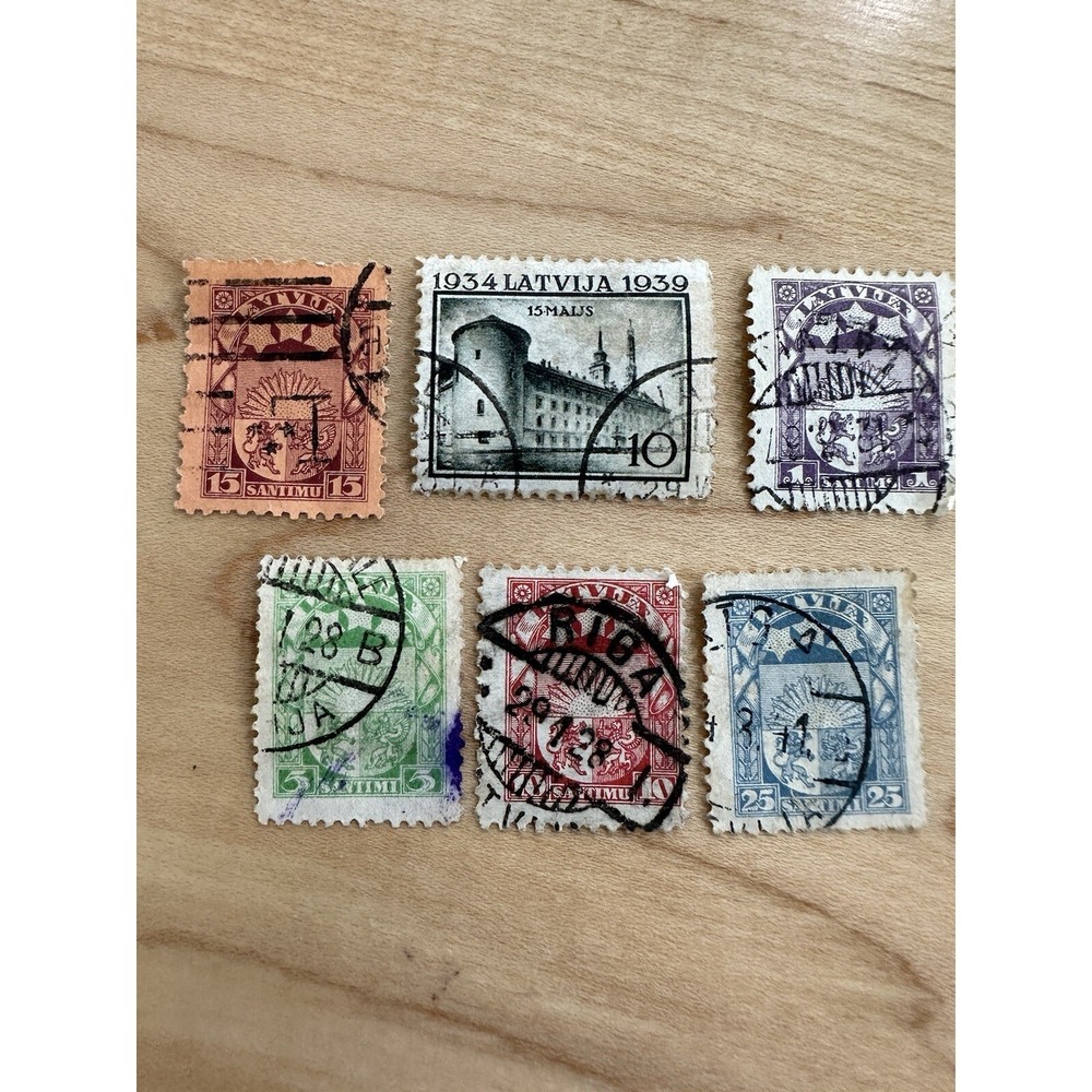 Vintage Latvia Stamp Mix Lot 1920s 1930s Used Postage Riga Castle Santimu 6pc